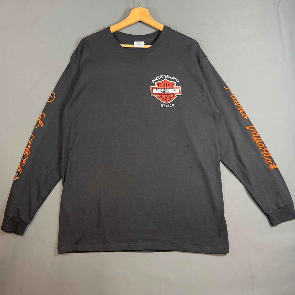 Harley-Davidson Mens Long Sleeve Graphic T Shirt Black Orange Size Large Biker